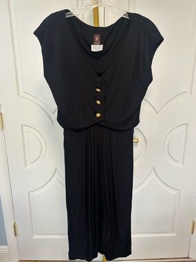 Vintage Anne Klein Dress Bergdorf Goodman Black Gold Lion Button Midi Size 4
